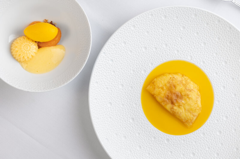 Orange crêpe soufflé with mikan-yuzu sorbet