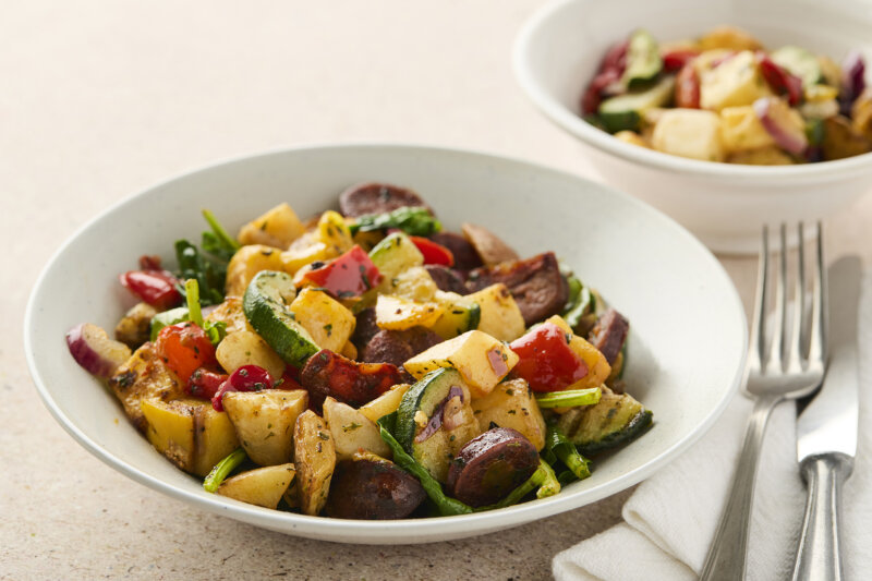 Grilled potato mix with chorizo, spinach & smoked paprika