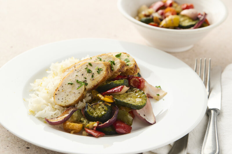 Grilled vegetables with chicken and lemon rice