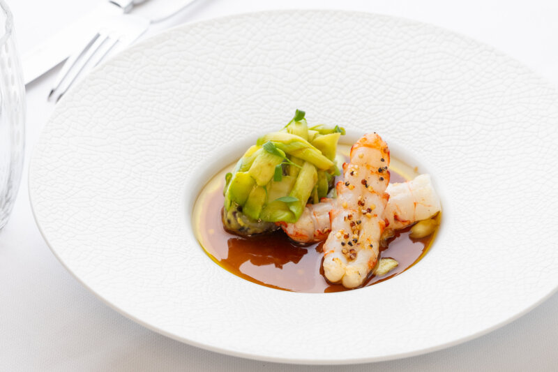 Citrus-ponzu langoustine with papaya, avocado & black rice